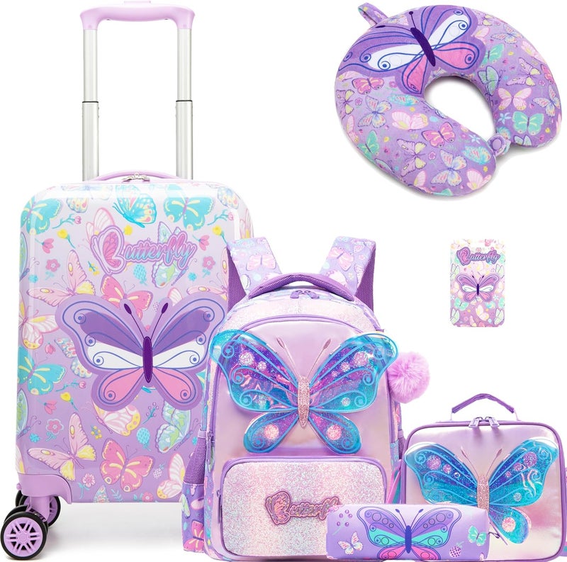Esteemly Kid's Luggage Set 5 Piece Suitcase Set 16" Hardside Luggage with Spinner Wheels Girls Carry on Toddler Travel Rolling Suitcase with Neck Pillow Airline Approved - Image 1